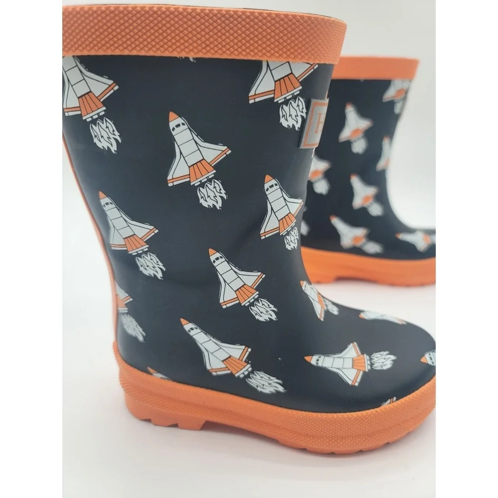 Hatley Space Shuttle Rain Boots Kids Size 8 Navy Orange Waterproof Rubber